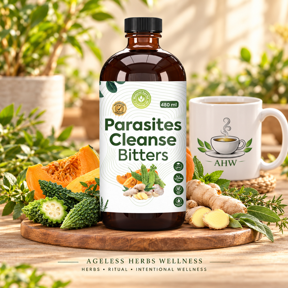 Parasites Cleanse Bitters bottle with herbs, vegetables, ginger, and an AHW mug.