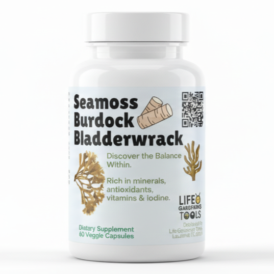 Supplement bottle labeled 'Seamoss Burdock Bladderwrack' with a white background
