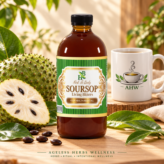 Soursop Living Bitters bottle surrounded by fresh soursop fruit and green leaves.