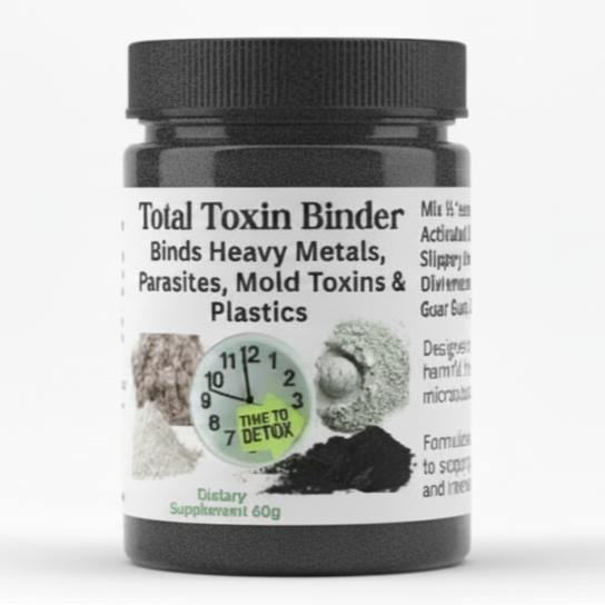Black supplement bottle labeled 'Total Toxin Binder' on a white background
