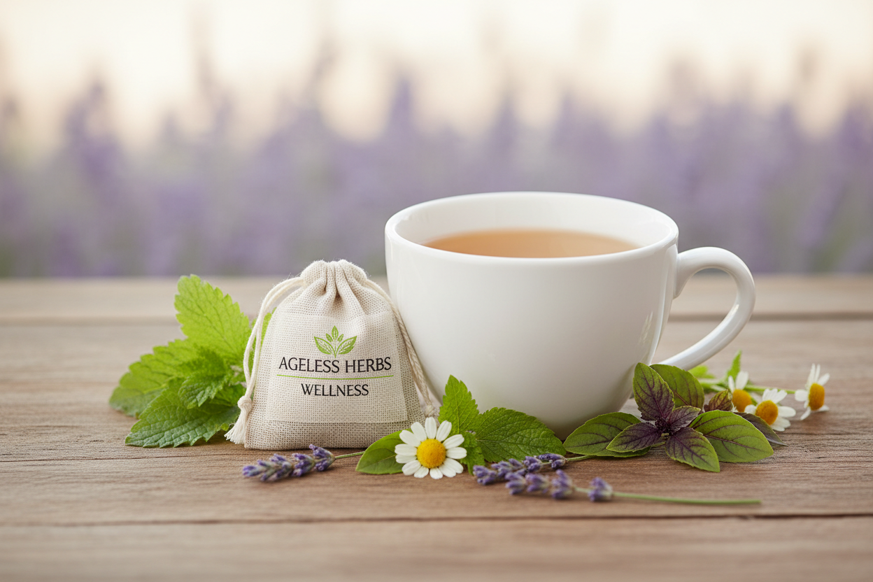 Ageless Herbs Wellness Evening Hormone Calm Tea with calming herbs
