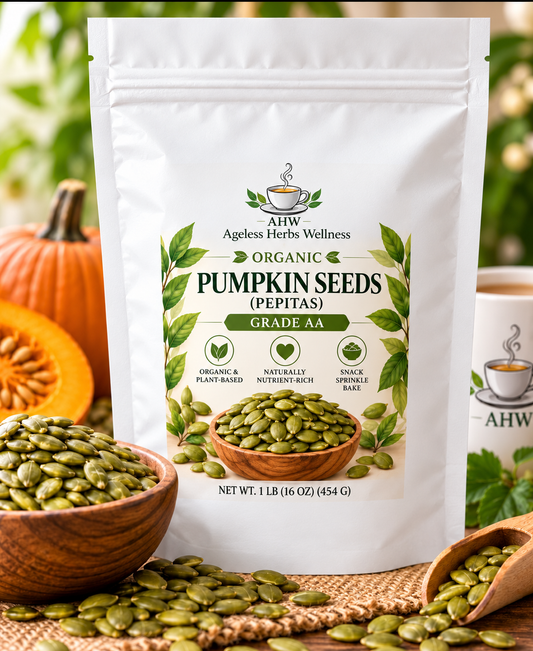 Ageless Herbs Wellness organic pumpkin seeds in a white 1 lb pouch with a smaller green label, surrounded by bowls of pepitas.