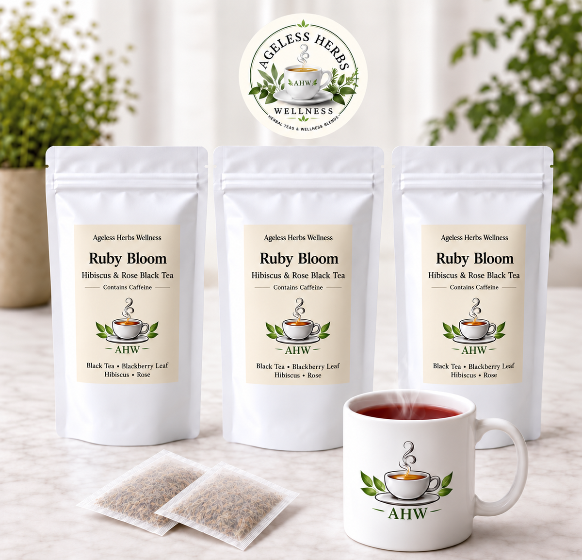 Three Ageless Herbs Wellness Ruby Bloom tea pouches with two tea bags and a white AHW mug filled with ruby-colored tea.