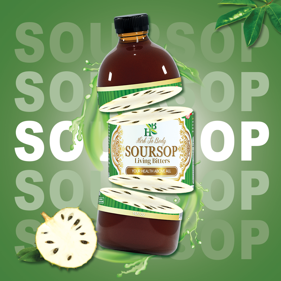 Bottle of soursop bitters with packaging on a green background