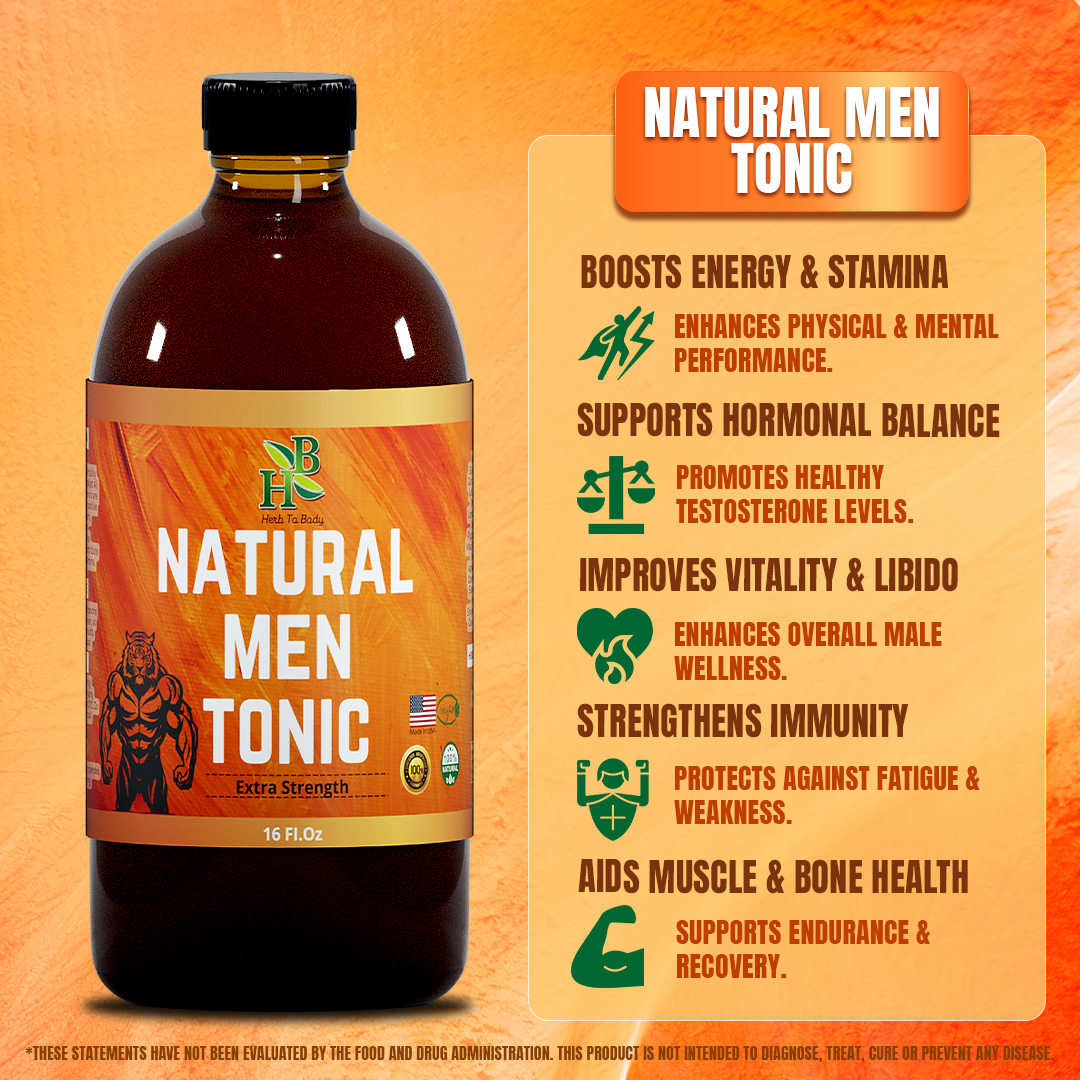 Bottle of Natural Men Tonic with product details on an orange background