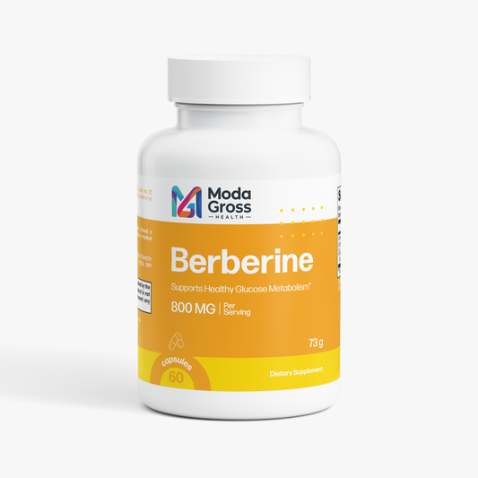 A white bottle of Modia Gross Berberine dietary supplement with a white cap, featuring a white and orange label on a light gray background.