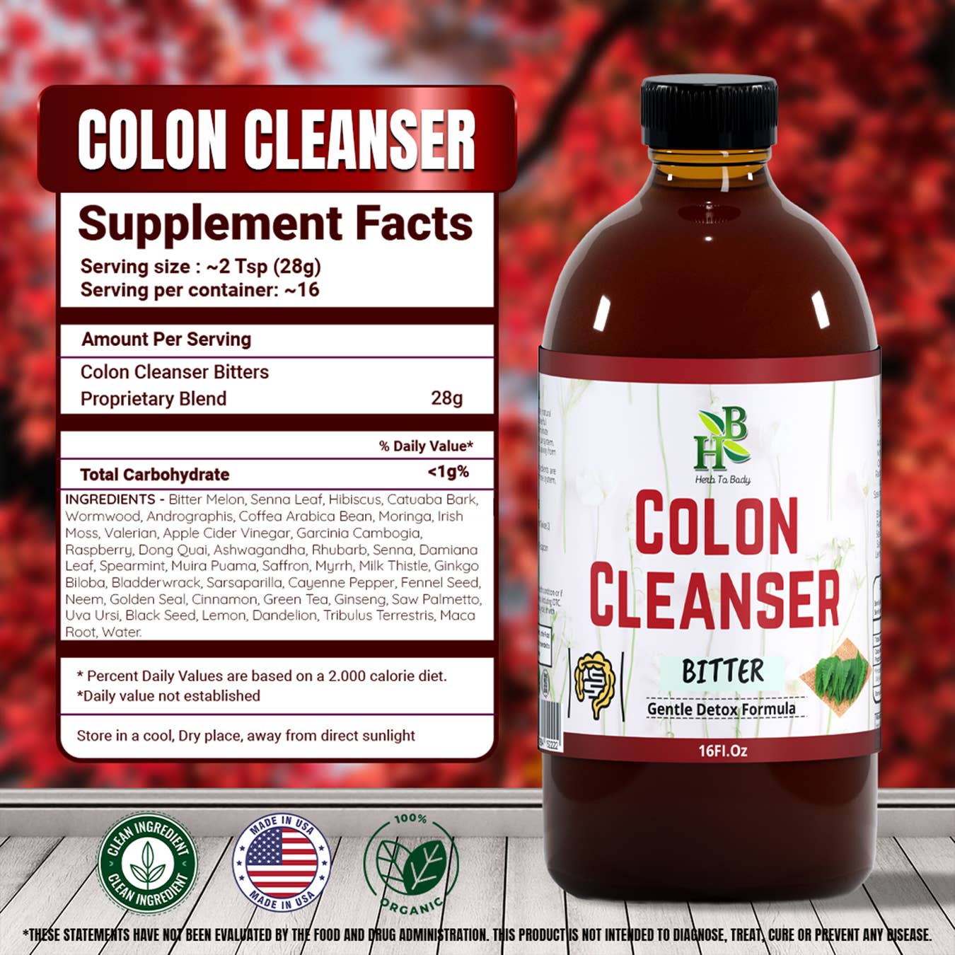 Bottle of colon cleanser supplement with label and supplement facts on a red leaf background