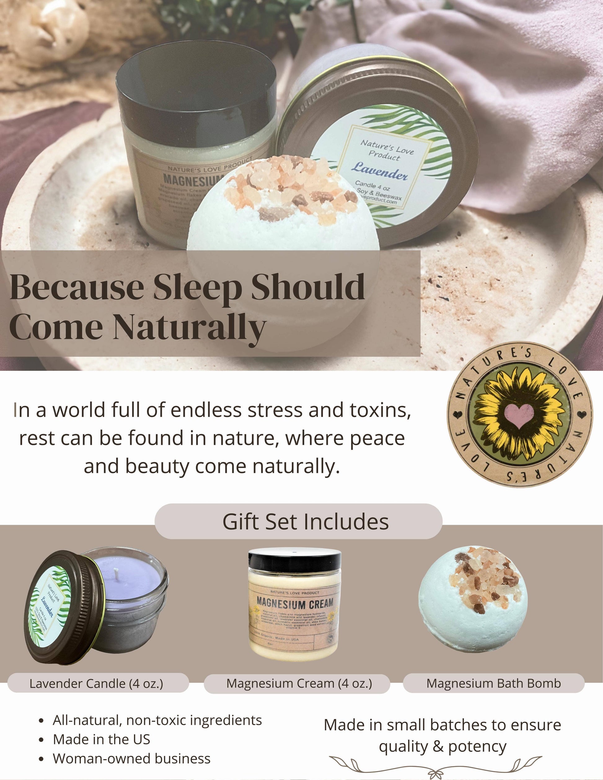Sleep wellness gift set with candles, cream, and bath bomb on a neutral background.