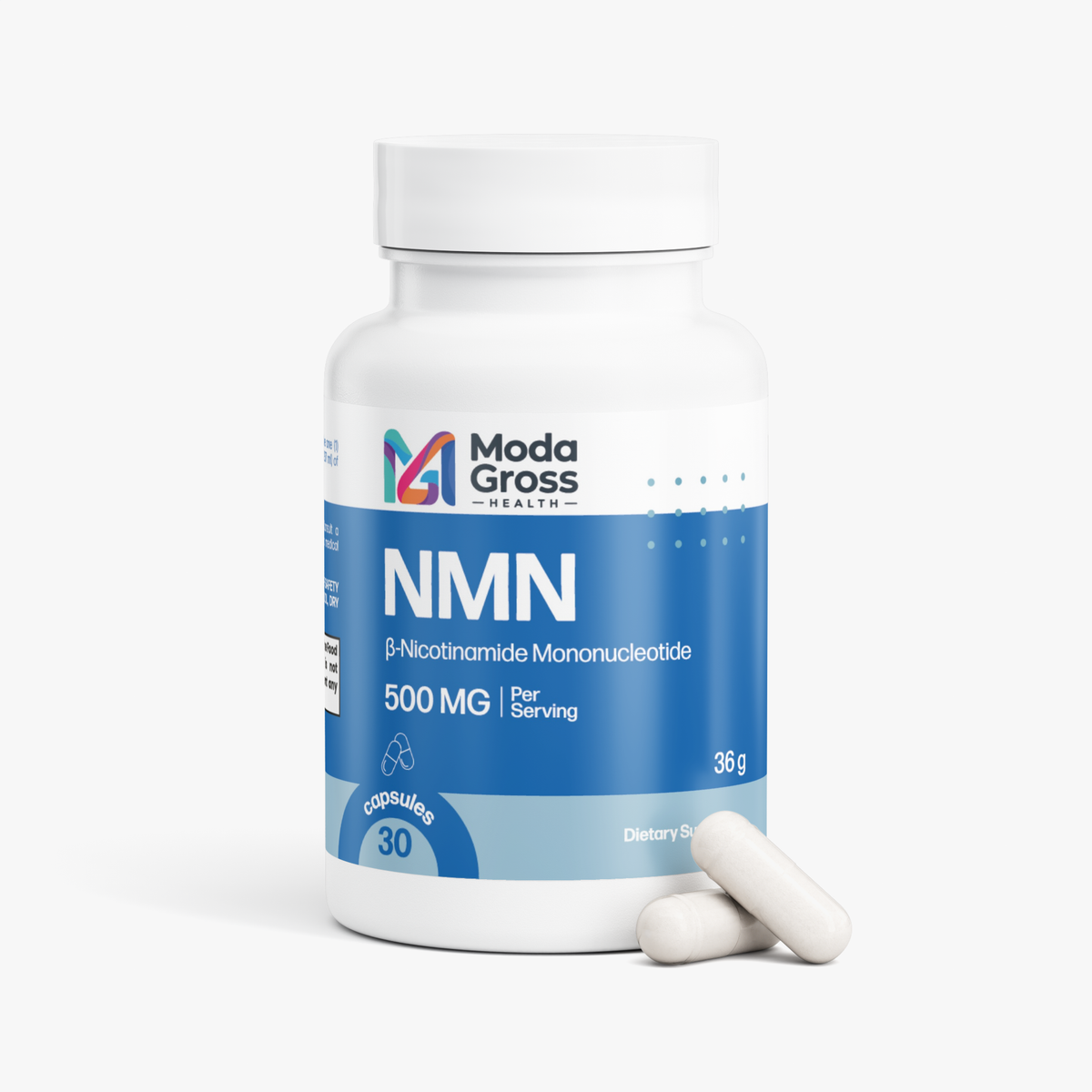 A white bottle of Modra Gross NMN dietary supplement capsules with a blue label, shown on a clean white background with two capsules in front.