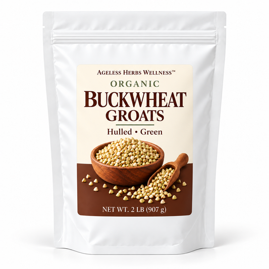 Ageless Herbs Wellness buckwheat groats back label showing ingredients, storage instructions, country of origin and net weight.