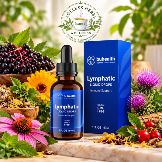 BUHEALTH Lymphatic Liquid Drops 2 fl oz with herbal botanicals and Ageless Herbs Wellness logo.