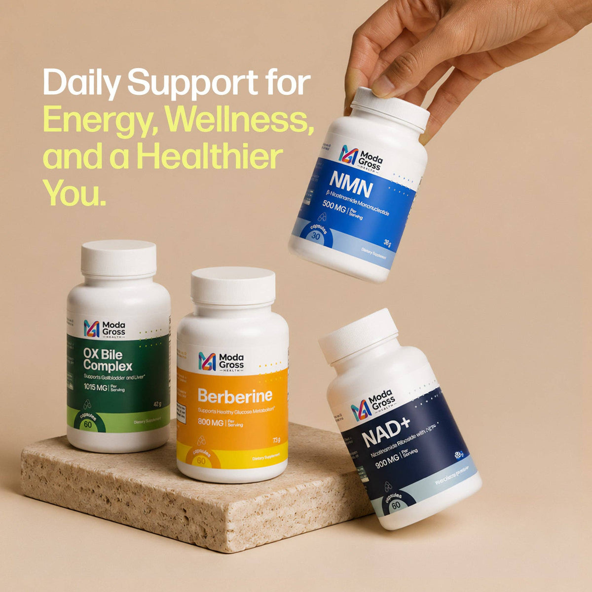 Four Modio Gross supplement bottles displayed on a beige background, with one bottle held by a visible hand. The bottles include NMN, QX Bile Complex, Berberine, and NAD+ with white containers and blue, green, orange, and dark navy labels.