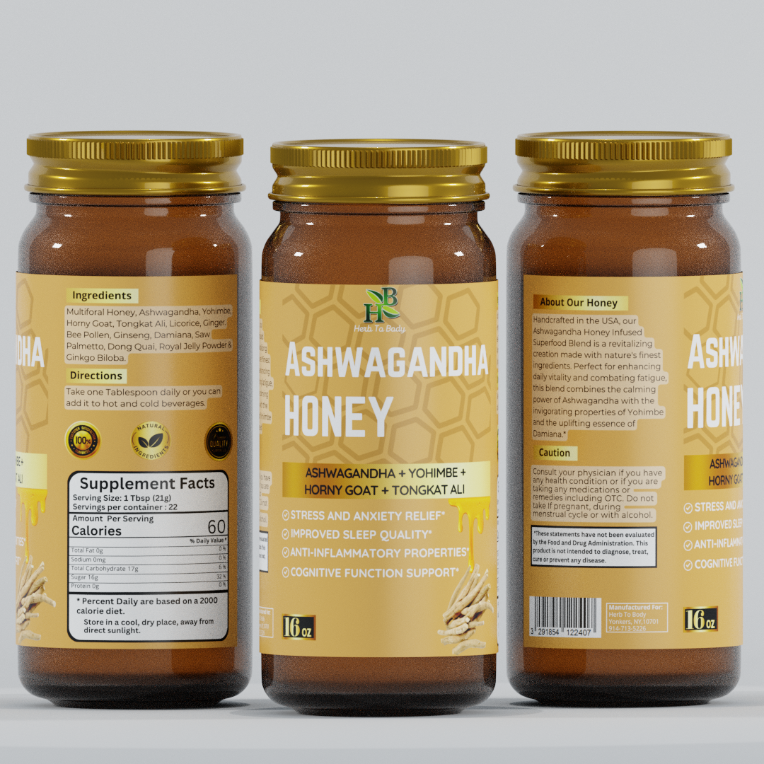 Three jars of Ashwagandha honey with labels on a gray background