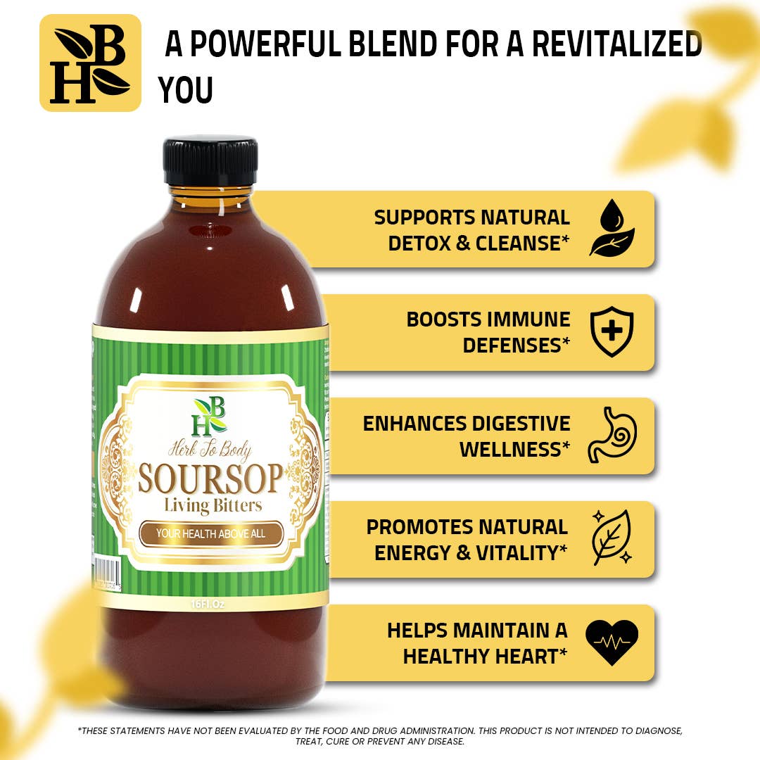 Bottle of Herb to Body Soursop Living Bitters with health benefits listed on a white background