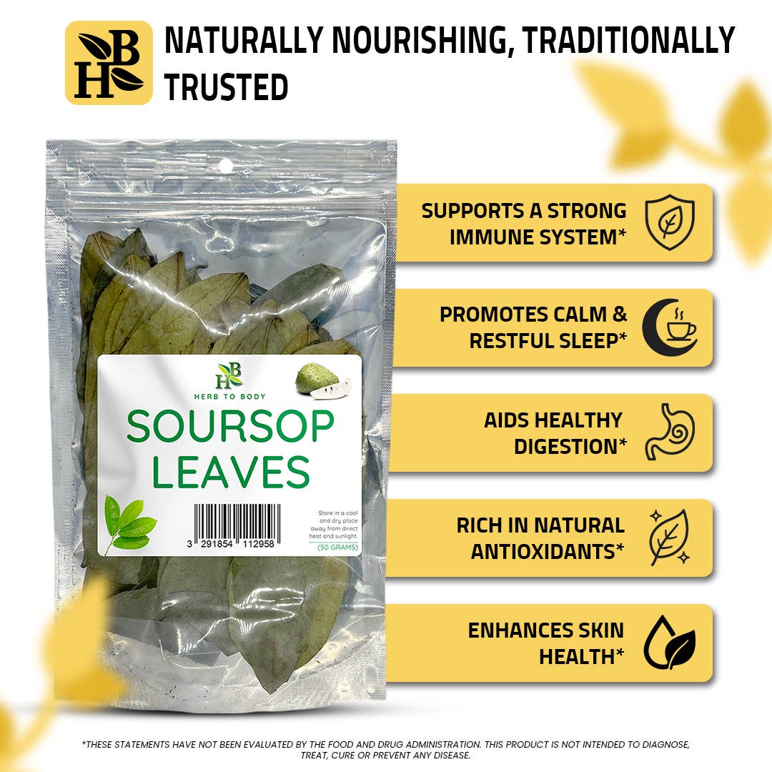 Packaging of soursop leaves with health benefits listed on a white background