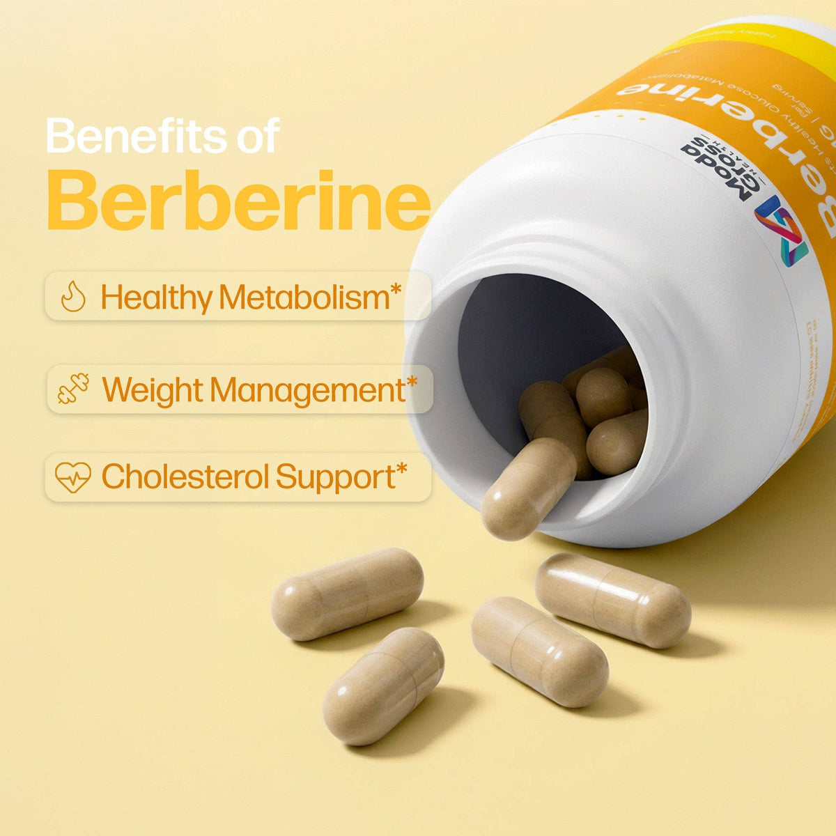 Berberine supplement capsules spilling from a white and orange bottle on a pale yellow background, with text listing benefits: healthy metabolism, weight management, and cholesterol support.