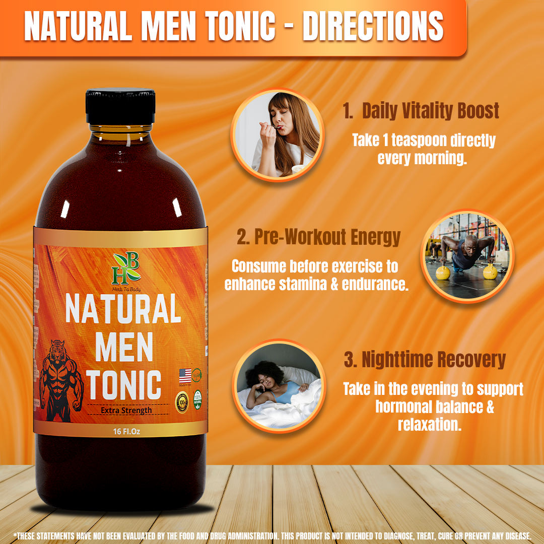 Bottle of Natural Men Tonic with usage directions on an orange background