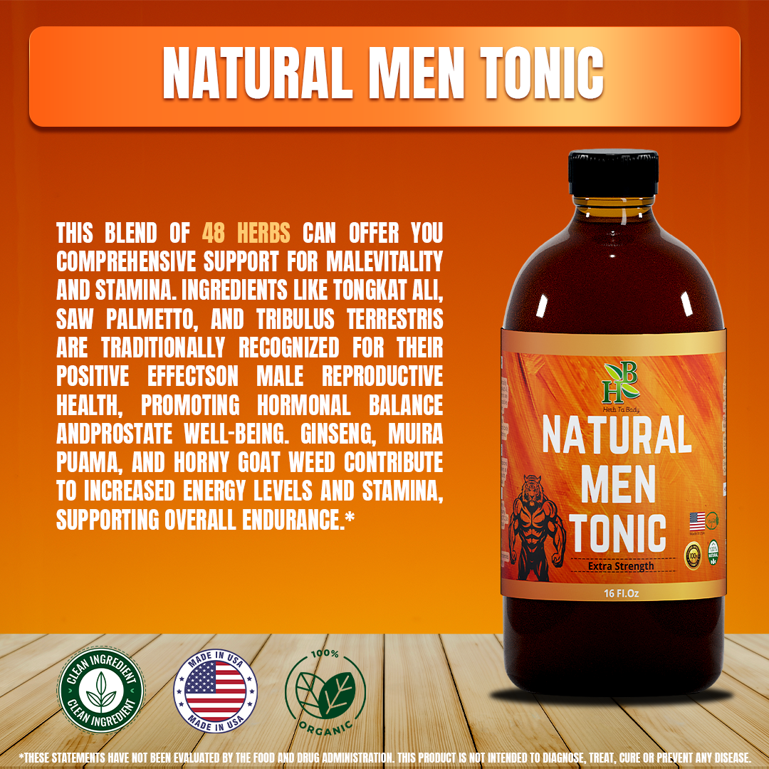 Bottle of Natural Men Tonic with product details on an orange background