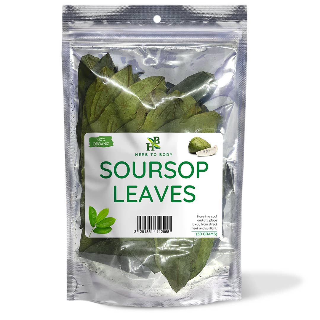 Packaged soursop leaves with a visible label on a white background