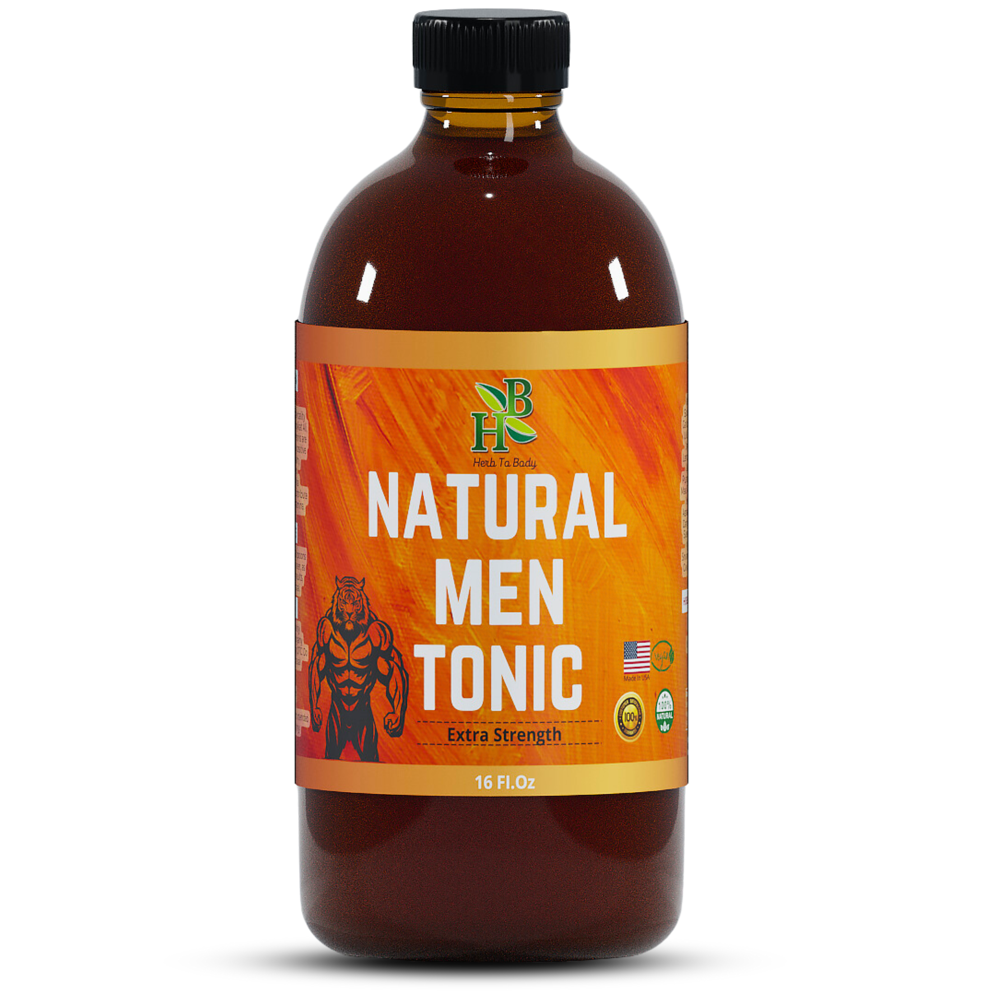 Bottle of Natural Men Tonic with an orange label on a white background