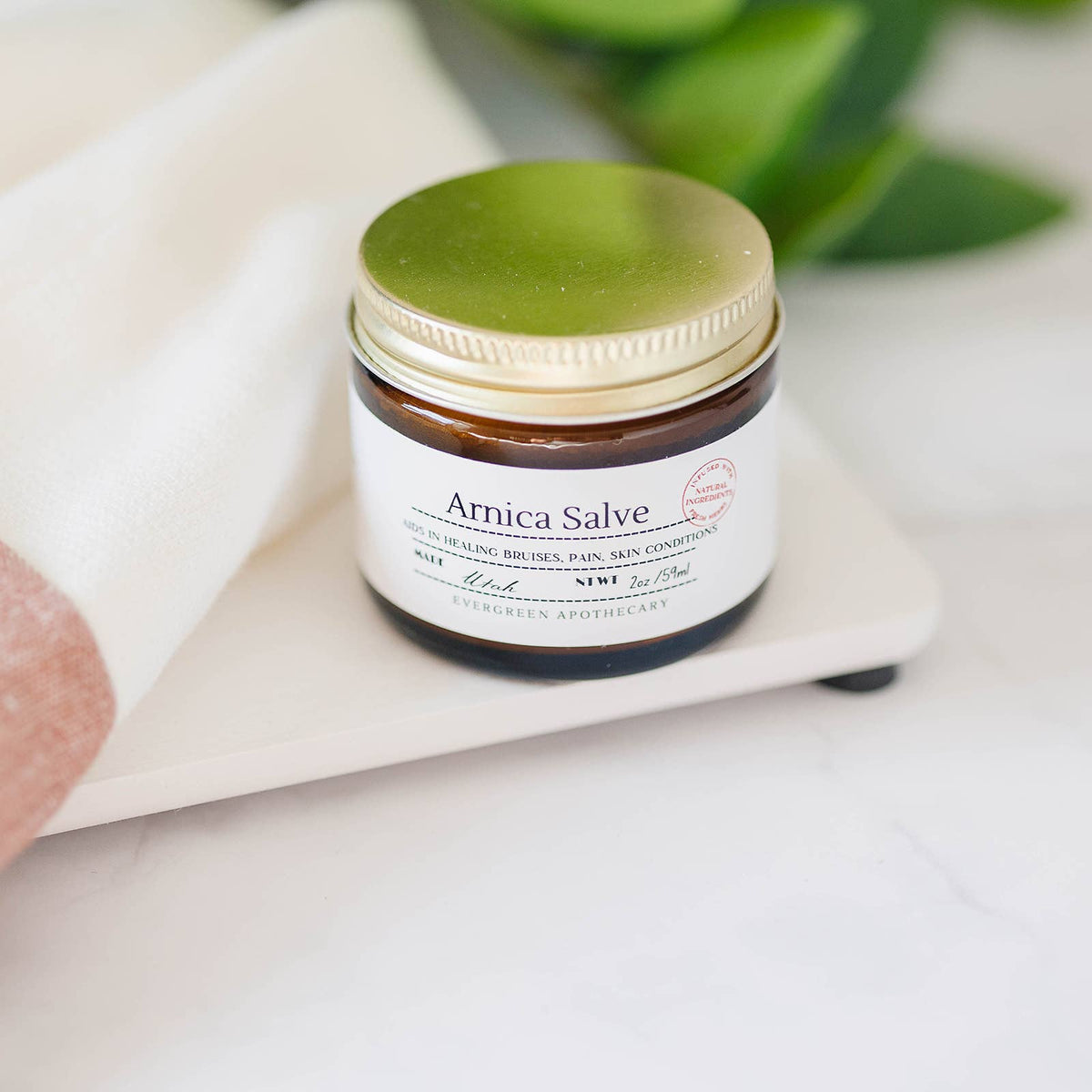 Jar of Arnica Salve on a white surface with green leaves in the background