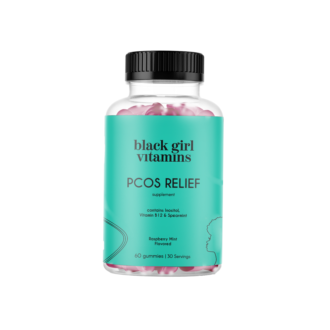 A clear plastic bottle of Black Girl Vitamins PCOS Relief gummies with a black cap and a teal label, shown on a plain white background.