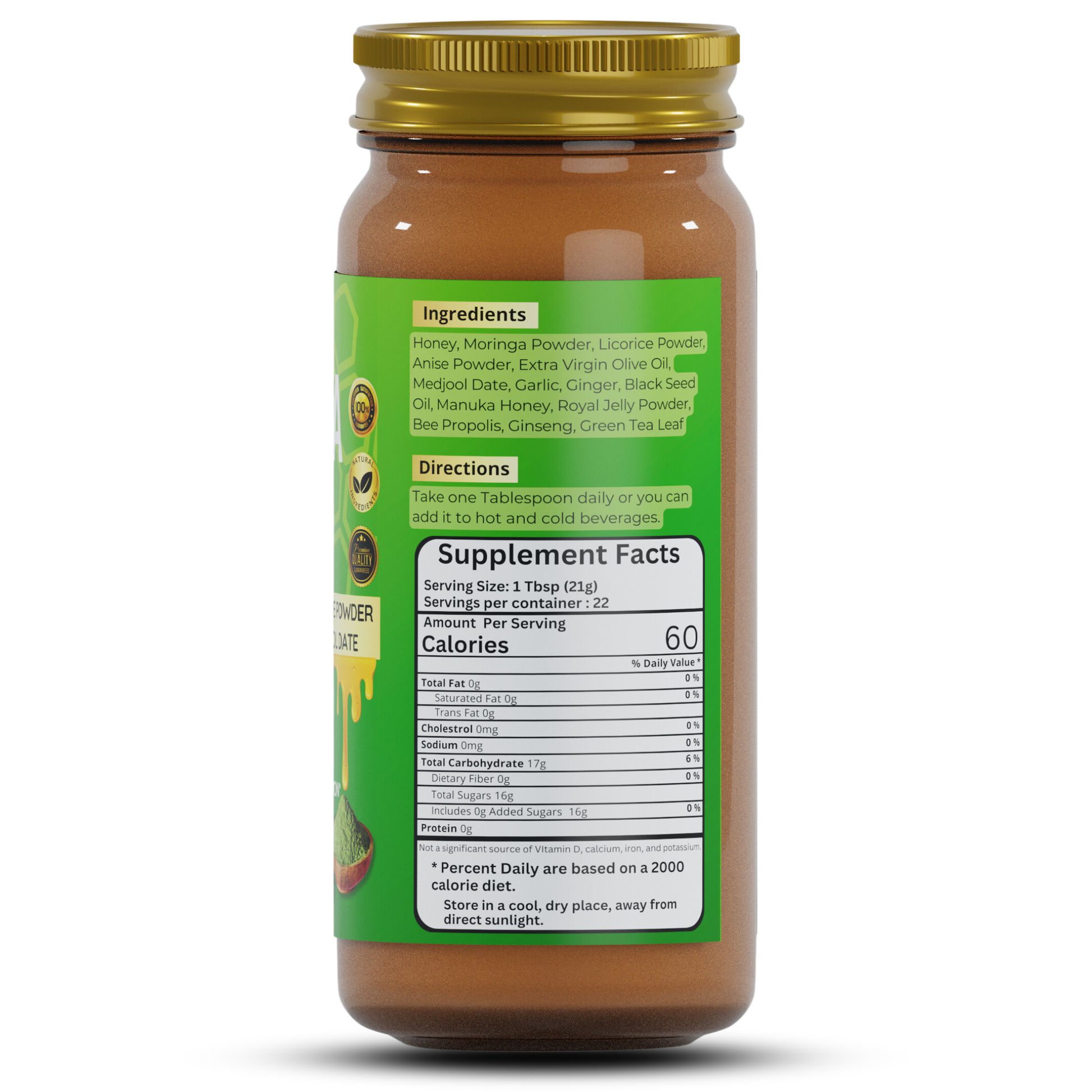 Moringa Infused Raw Honey 16oz jar back view with ingredient list and nutrition panel