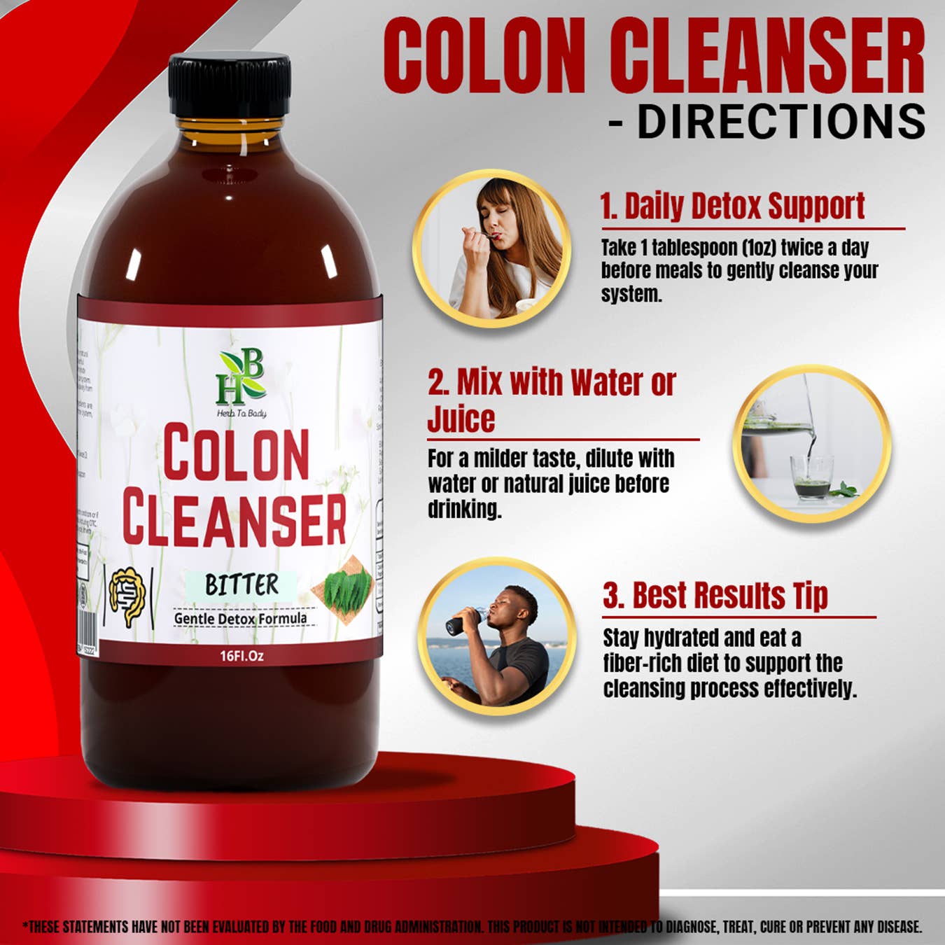 Colon Cleanser bottle with usage directions on a red and gray background