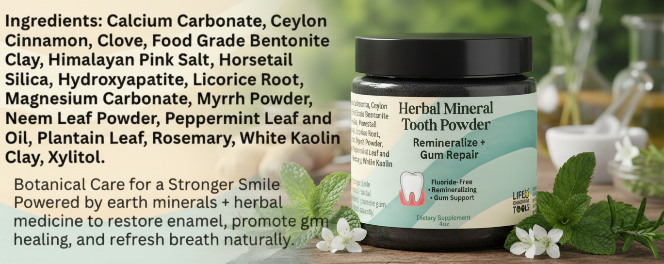 Herbal Mineral Tooth Powder with ingredients listed on a wooden surface