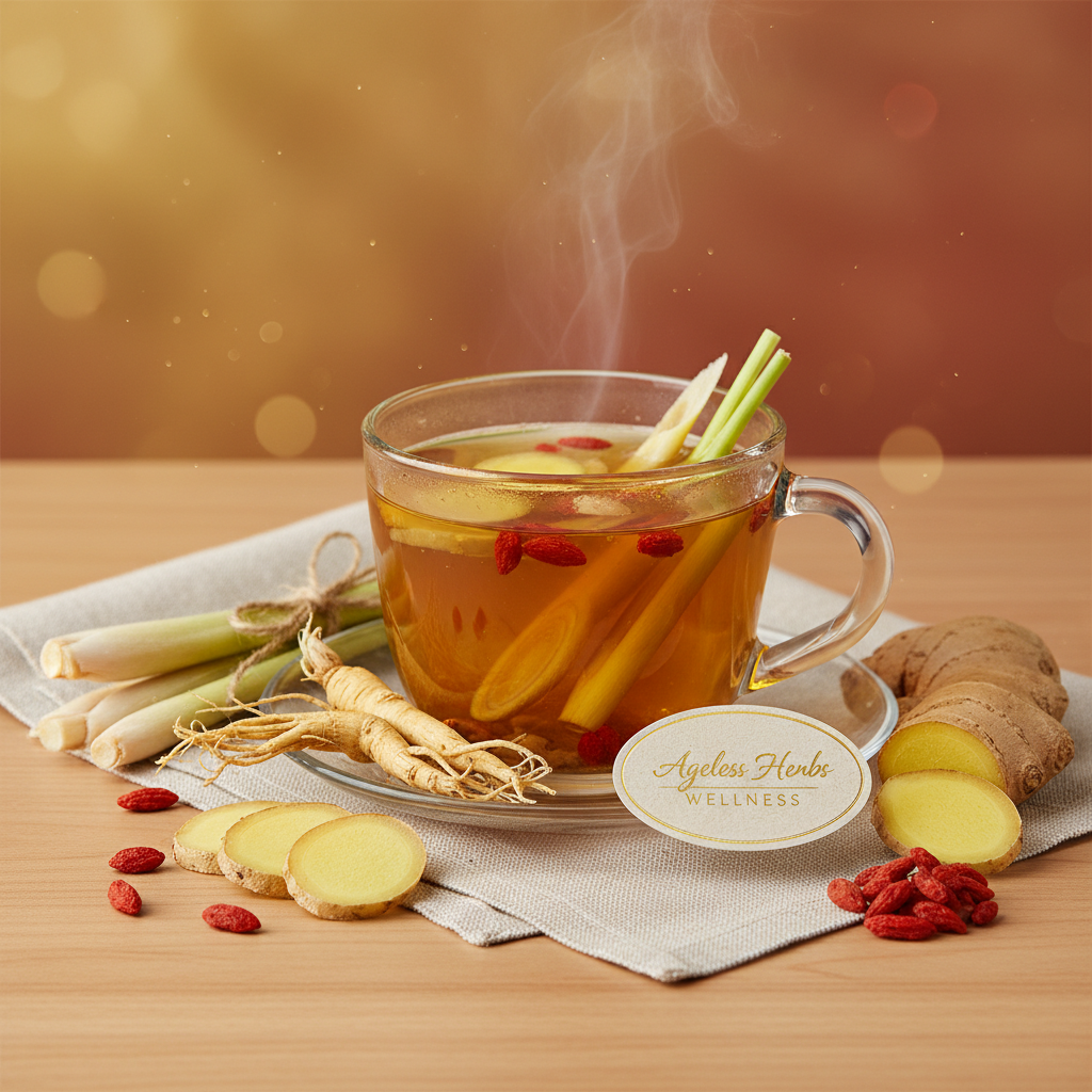 Ginseng, Ginger, Lemongrass, and Goji Berries Tea - Ageless Herbs Wellness