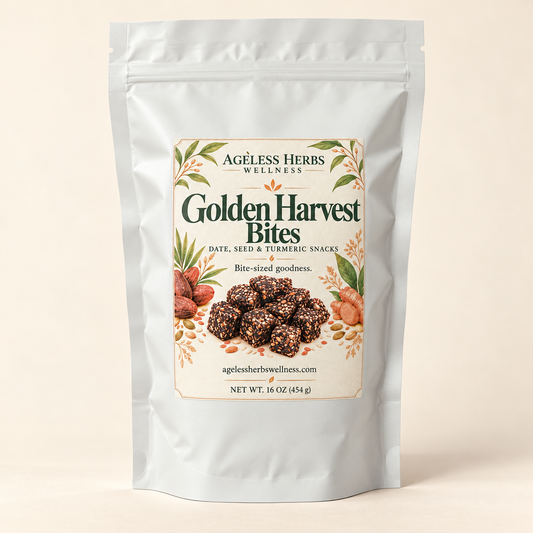 Ageless Herbs Wellness Golden Harvest Bites date, seed and turmeric snacks in a 16 oz pouch.
