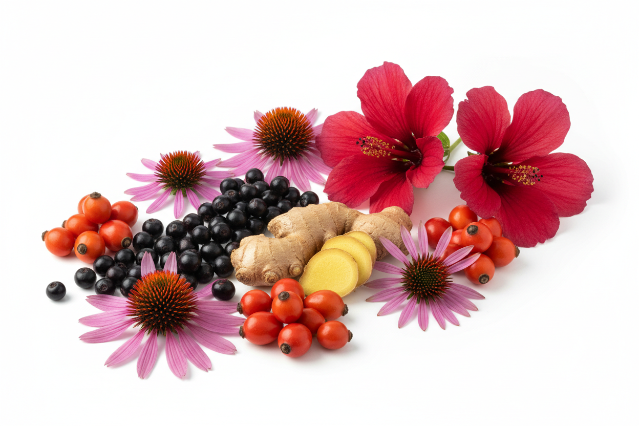 Herbal Ingredients - Elderberry, Echinacea, Rosehips, Ginger, Hibiscus