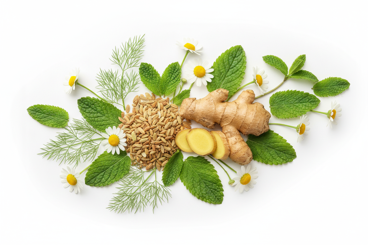 Herbal Ingredients - Fennel, Ginger, Peppermint, Chamomile, Lemon Balm