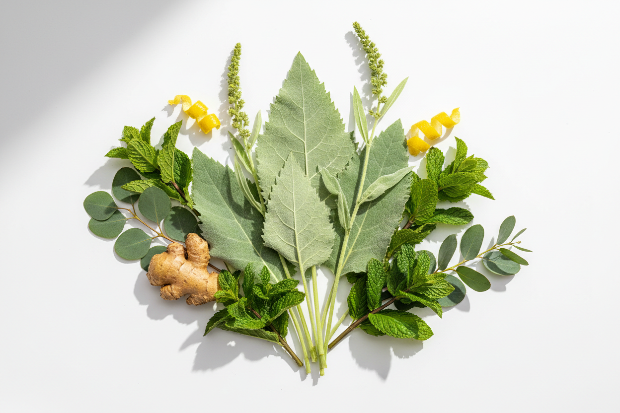 Herbal Ingredients - Mullein, Peppermint, Eucalyptus Leaf, Ginger, Lemon Peel