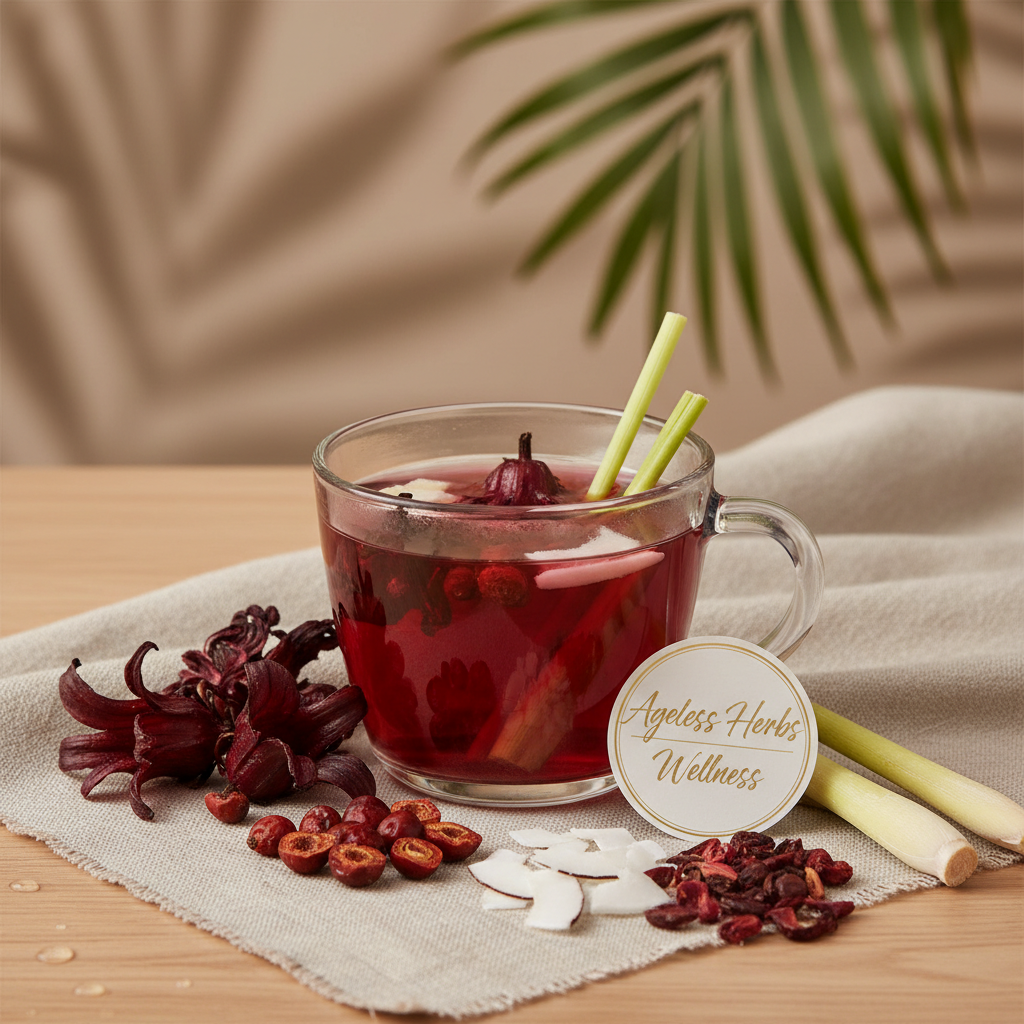 Hibiscus, Rosehips, Coconut Flakes, and Lemongrass Tea - Ageless Herbs Wellness