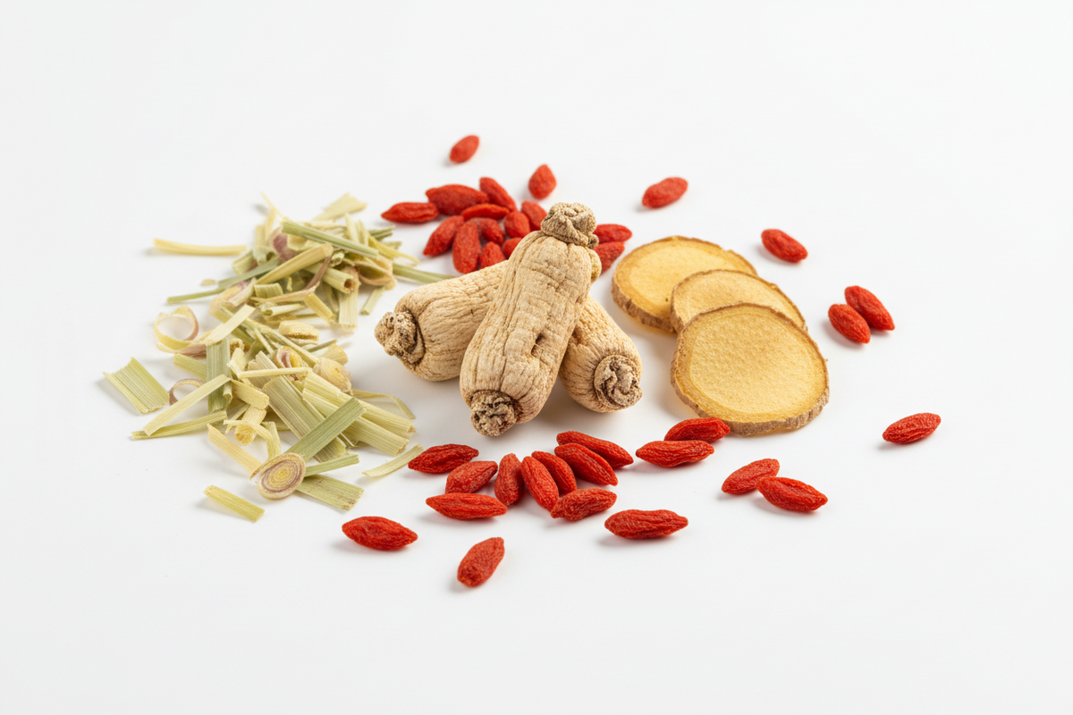 Vitality Boost Tea loose herbal ingredients with ginseng ginger lemongrass and goji berries
