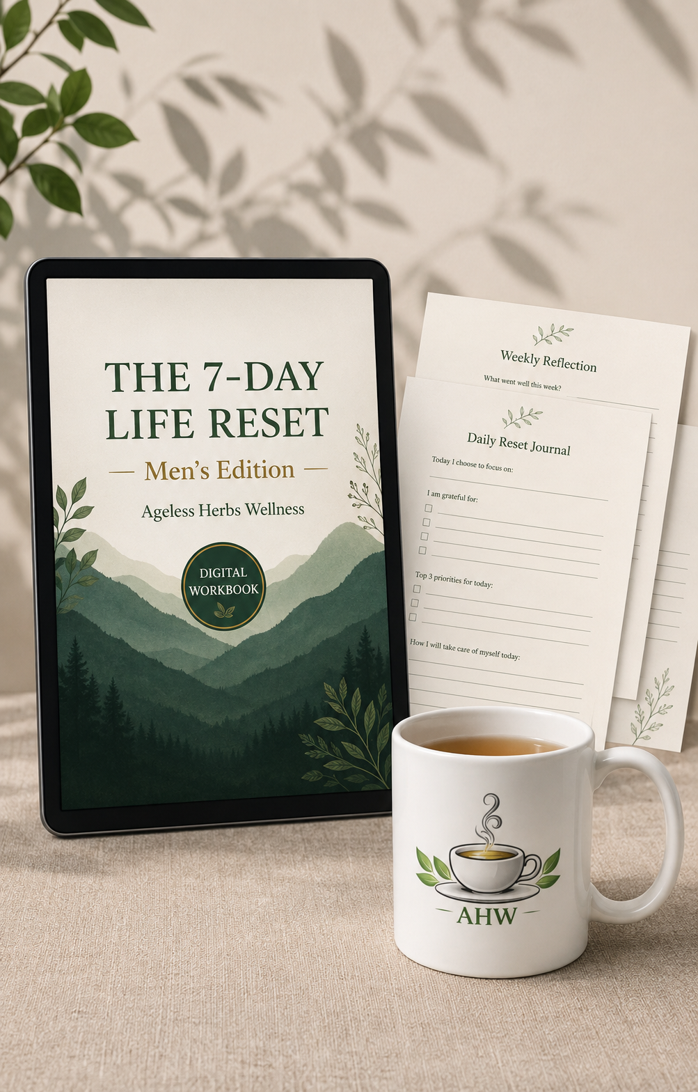 A digital workbook titled 'The 7-Day Life Reset: Men's Edition' displayed on a tablet, with a white coffee mug printed with 'AHW' and a 'Weekly Reflection' sheet in the background, arranged on a beige fabric surface with leaf shadows.