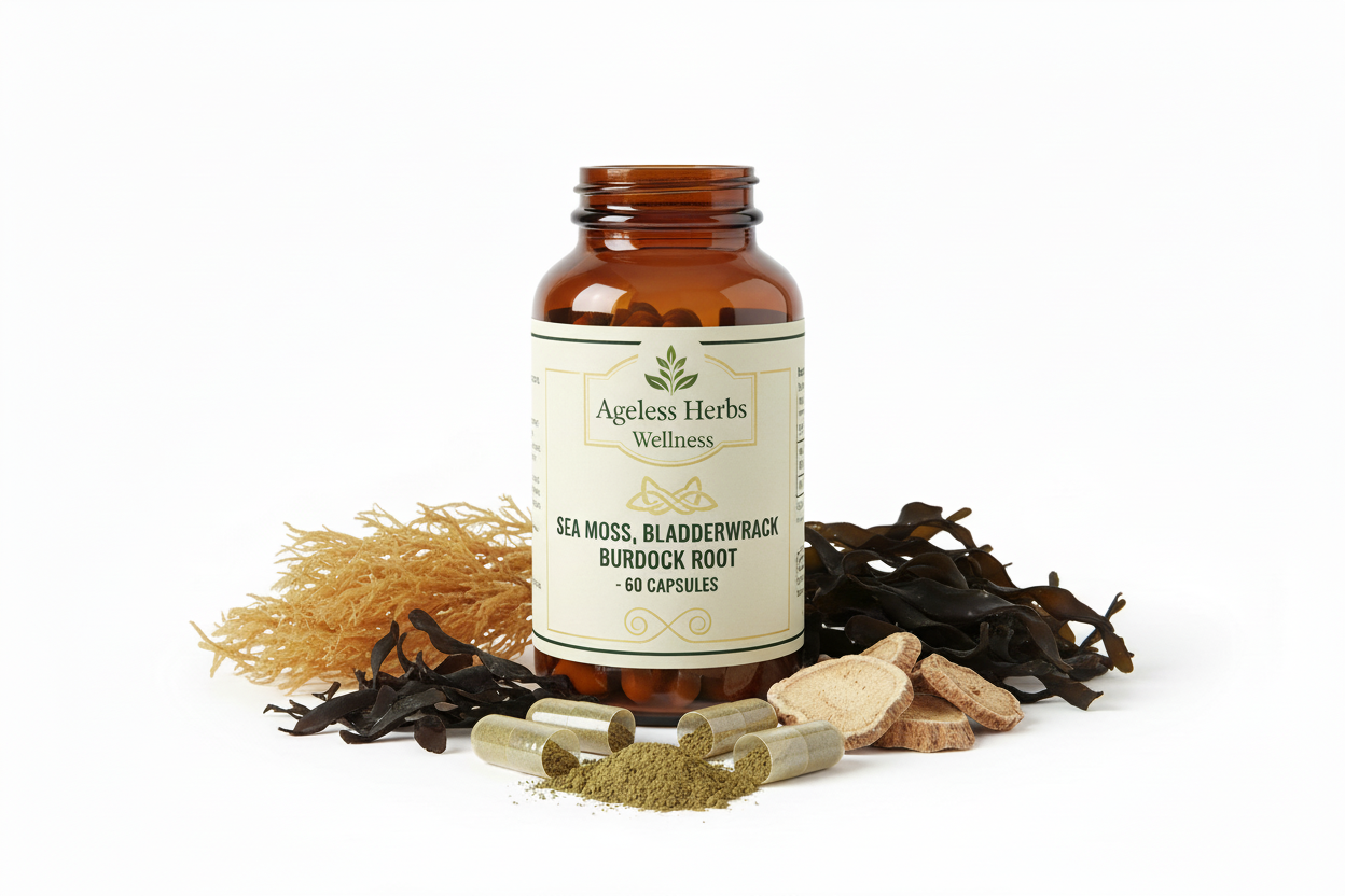 Ageless Herbs supplement bottle with dried herbs on a white background