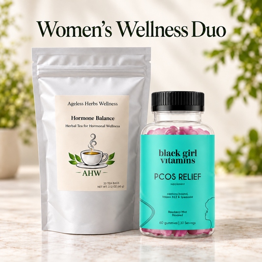 Women’s Wellness Duo featuring AHW Hormone Balance Herbal Tea in a white pouch beside a bottle of Black Girl Vitamins PCOS Relief gummies.
